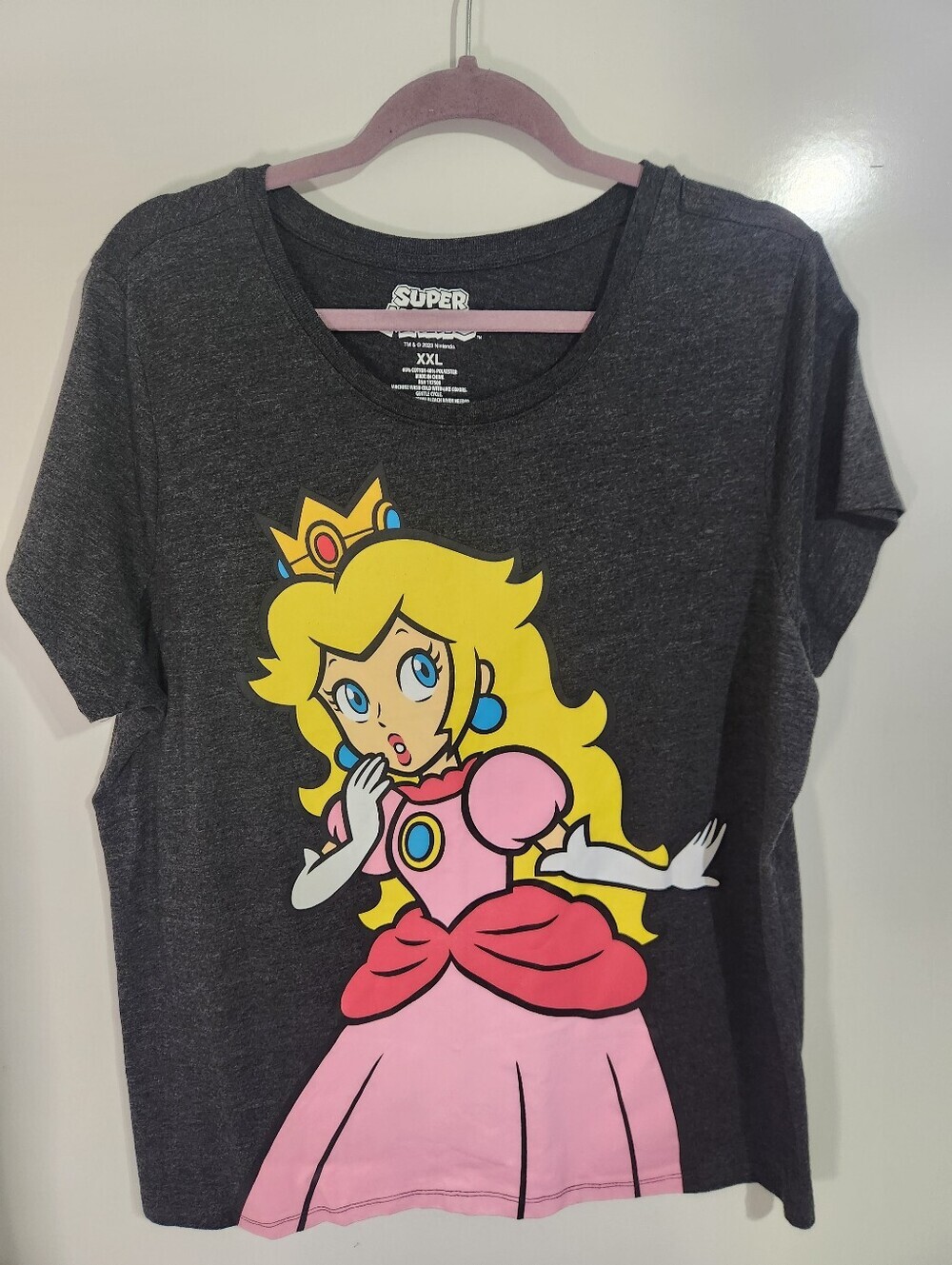 Nintendo Super Mario Peach Graphic Tee - Dark Gray Pink Yellow, Size XXL